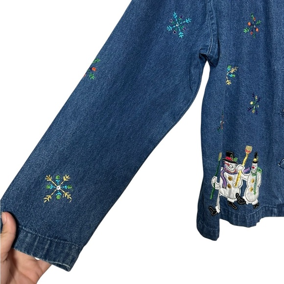 Christmas Holiday 100% Cotton Denim Blue Jacket Snowman Snowflake | Size Medium - Picture 3 of 6